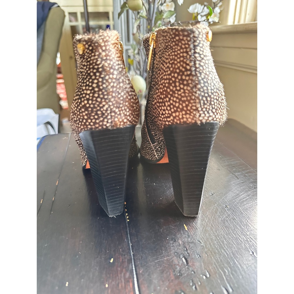 Carrano Anthropologie Calf Hair Spotted Ankle Boots Brown Cream Block Heel 7 - Picture 2 of 10